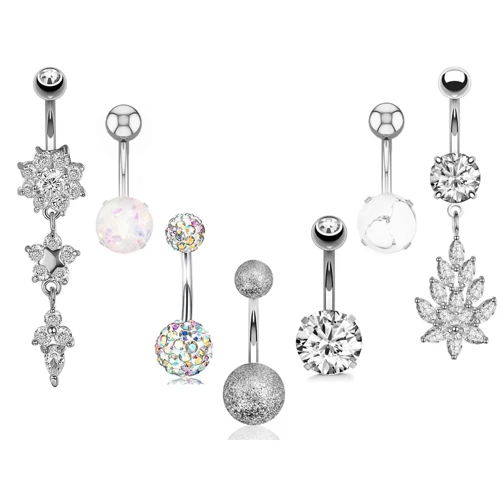 Gemischte Bauchnabelpiercing-Sets aus Edelstahl mit Blumen- und Schmetterlingsmotiven, gebogene Bauchnabelringe, 7 Stück/Set, Herz-Bauchnabelring-Packung – Detail 3