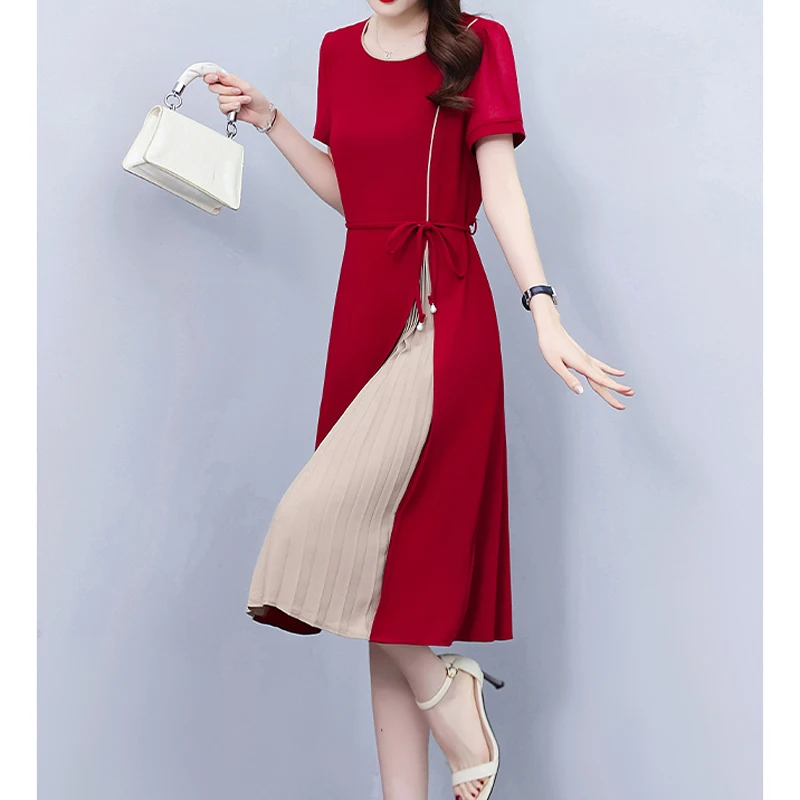 Frauen Chiffon lange Kleider Sommer weiblich o Hals Kurzarm groß 5xl elegant schlank plissiert Patchwork Marineblau rot Vestido