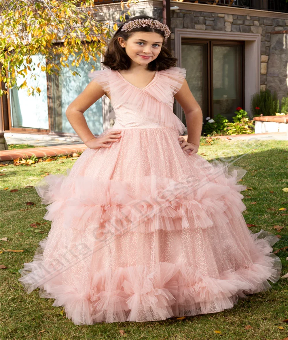 

Pink V Neck Ruffled Elegant Flower Girl Dress Fluffy Floor Length Custom Dress For Children's Birthday Parties