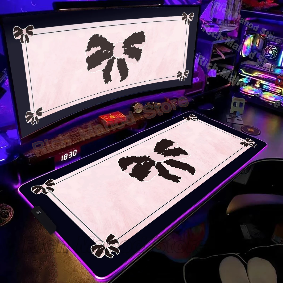 

Большой коврик для мыши RGB Черный Розовый Коврик для мыши с бантом Светодиодный игровой коврик для мыши Kawaii Большой светящийся настольный коврик с подсветкой ПК Расширенный геймерский настольный коврик