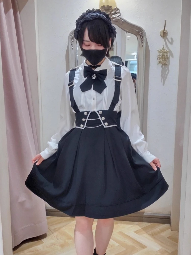 النمط الياباني أنيقة الحلو دمية طوق القوس طويلة الأكمام تنوعا قميص عالية الخصر ضئيلة ألف خط التنانير قطعتين مجموعة للنساء #5