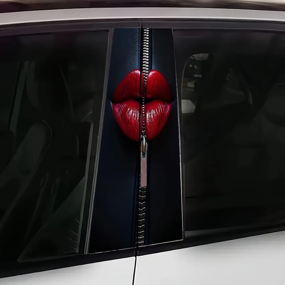 

2Pc car B-pillar creative zipper red lip sticker, realistic three-dimensional effect, personalized fashion decoration car sticke