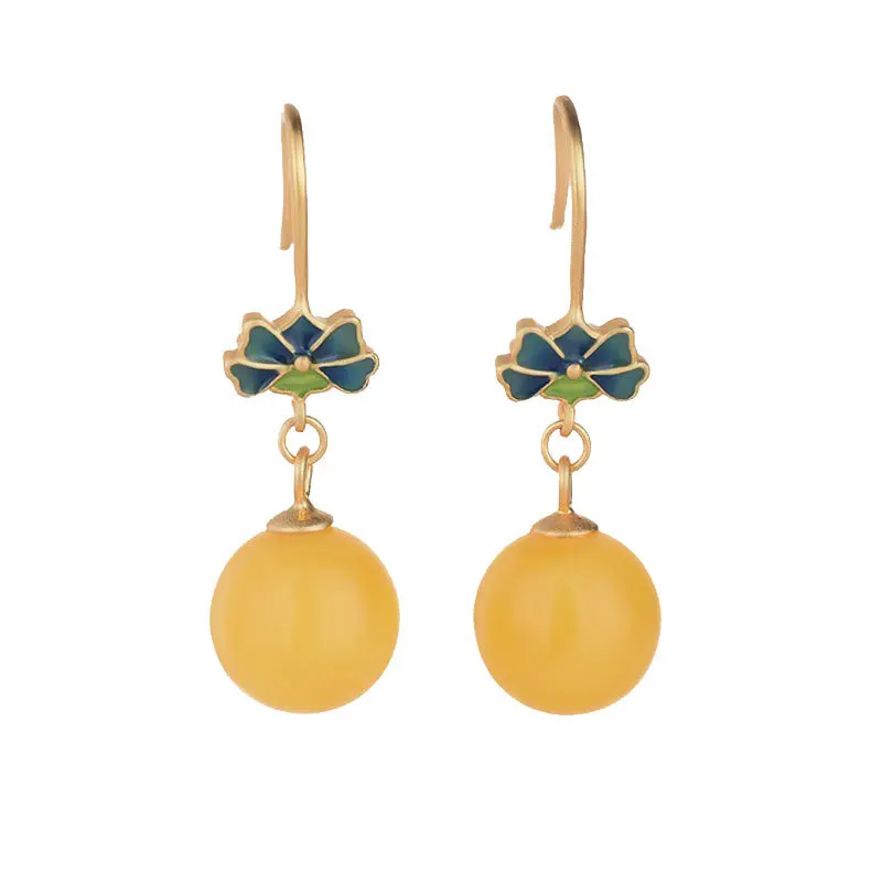 Classic Design yellow Beeswax earrings for women enamel flower beads Eardrop court style vintage Engagement jewelry gift