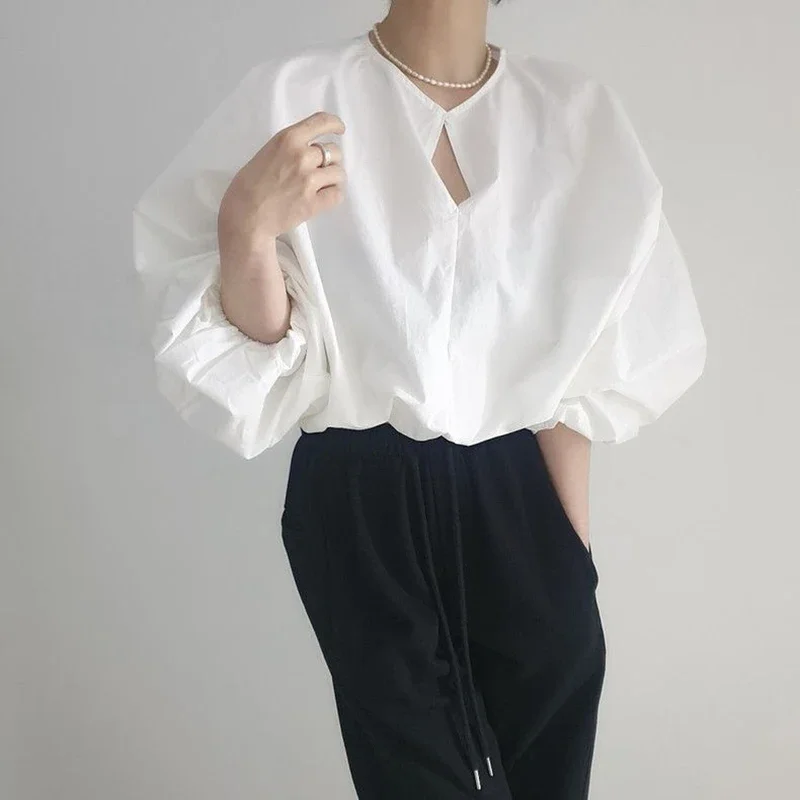 Elegant Cropped White Shirts Women Vintage Korean Lantern Sleeve Blouses Office Ladies Aesthetic Casual All Match Chic Tops New