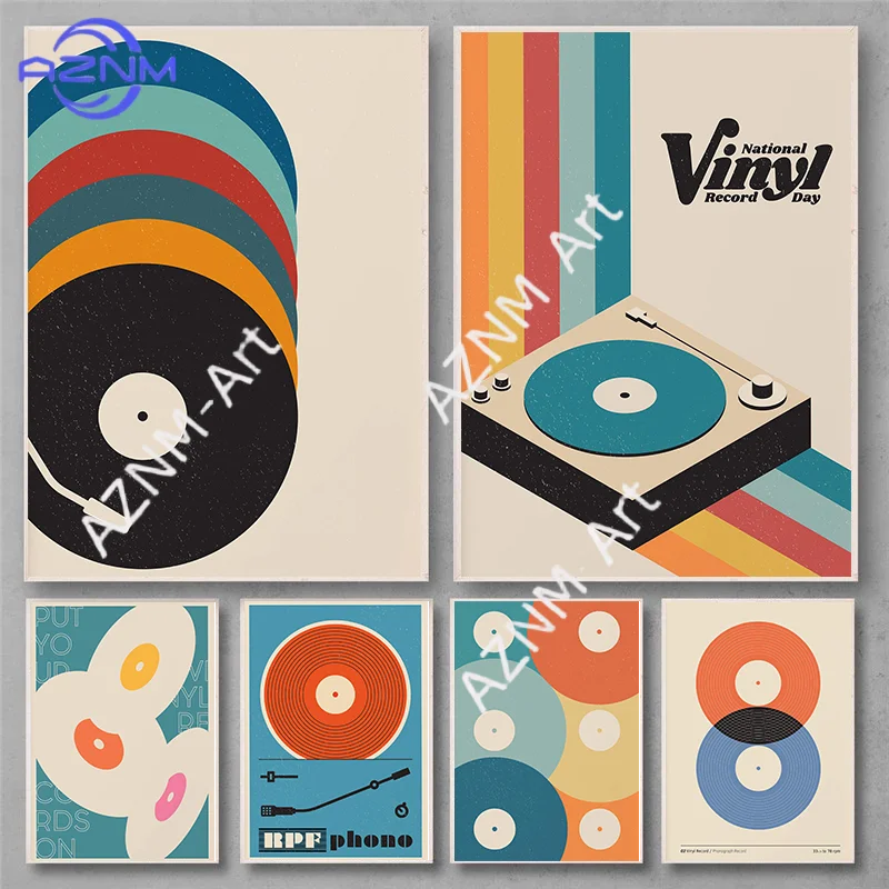 Retro Vinyl Record Print Mid Century Music Minimal Pastel Poster Colorful Wall Art Trendy Minimalist Turntable Home Room Decor