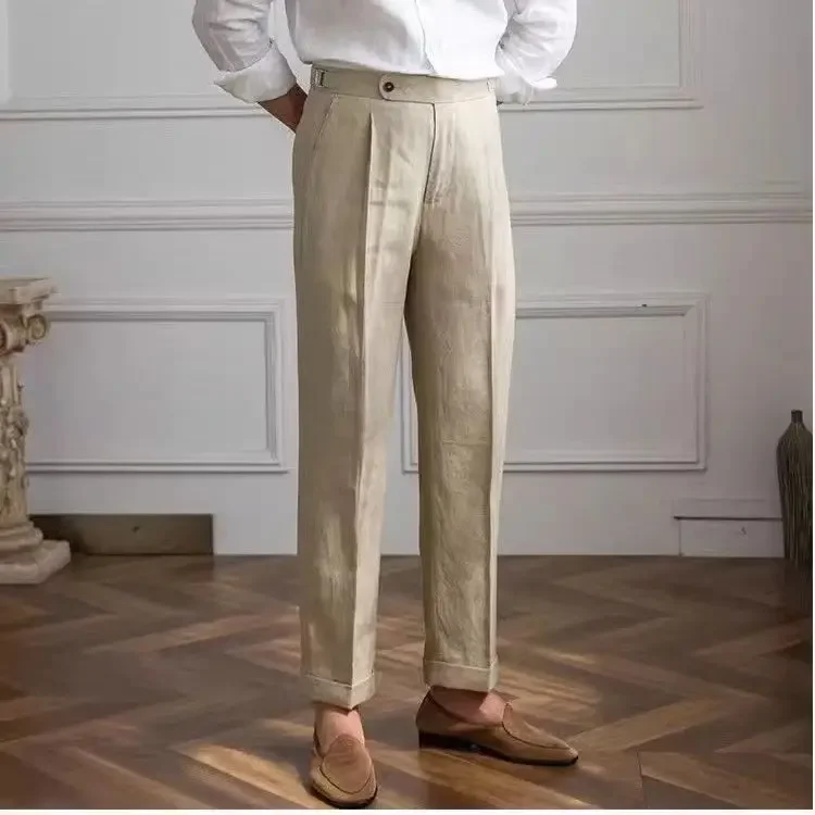 100% Linen Italian Naples Pants Men High Waist Straight  Suit Trousers Spring Summer Fashion Lightweight Breathable Casual Pants