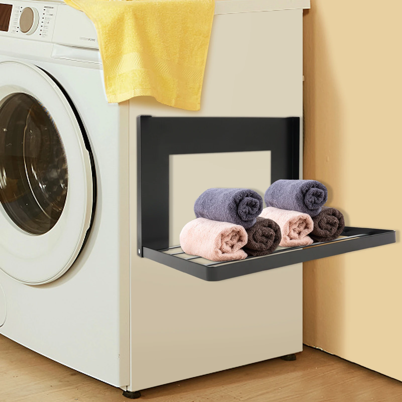 

Magnetic Folding Floating Shelf, Carbon Steel, Portable Magnet Rack for Washing Machine, Fridge, Black