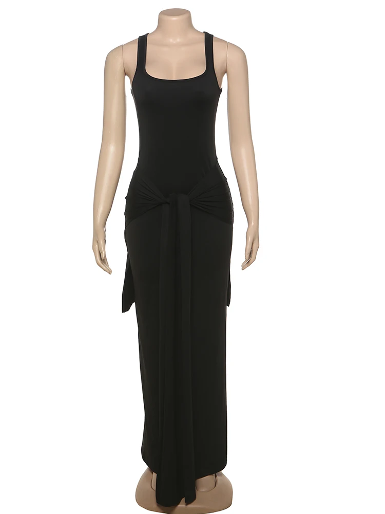 kliou Sqare Neck Women Maxi Dresses Summer High Street Solid Suspendency Ribbons Pleated Sheath Vestidos Female Classic Frock