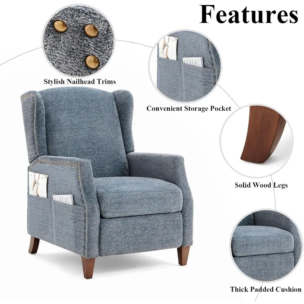 COLAMY Wingback Pushback Recliner Storage Pocket Upholstered Fabric Living Room Chair Armchair, with Wood Legs and Nailhead