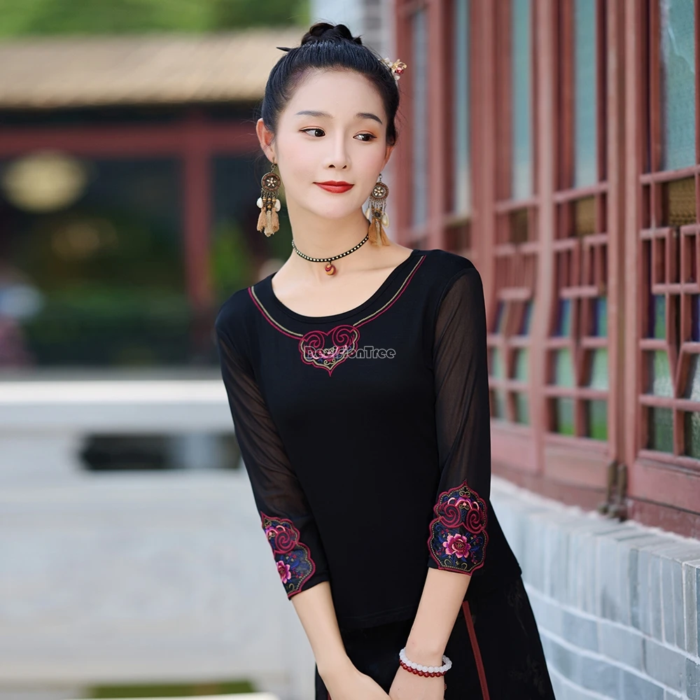 

2024 new ethnic style round neck embroidery modal mesh half sleeve embroidery stitching slimming women national blouse top t001