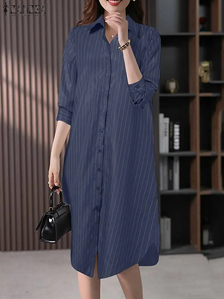 ZANZEA  Spring Kaftan Fashion Striped Shirt Dress Women Lapel Neck Full Sleeeved Midi Dresses Holiday Vestidos Work Robe Femme