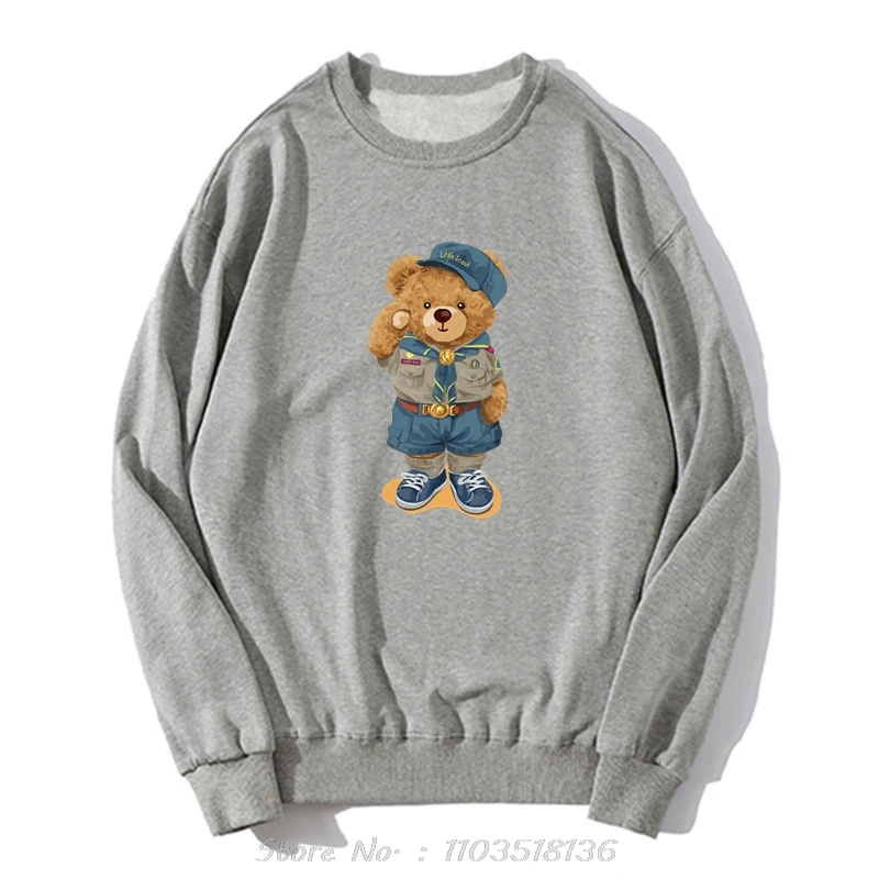 Cute Teddy Bear Salute Scoring Around Prints Hoodie Men Brand Tees Sweatshirt Retro Adult Streetwear Hip Hop Oversized Clothing