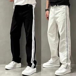 2023 Fashion New Mens Jeans Spring Autumn Man Side Stripe Loose Pants Straight Washing Black Streetwear Vintage Denim Trousers