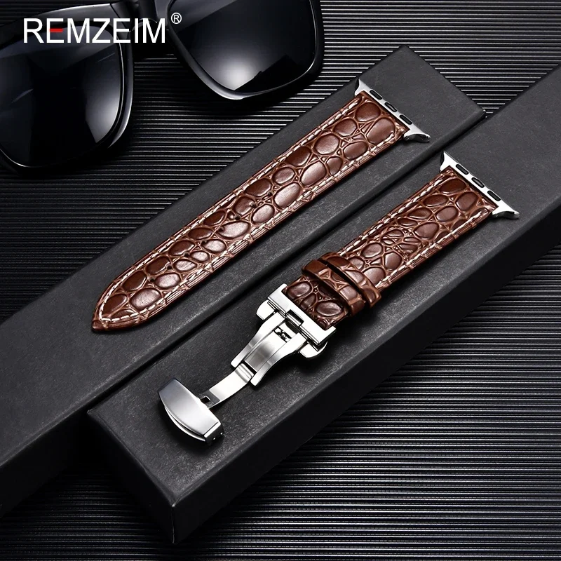 Crocodile Pattern Leather Strap for Apple Watch Ultra 8 7 6 SE 5 4 3 Butterfly Buckle Men Watchband 49/45/44/42mm 41/40/38mm