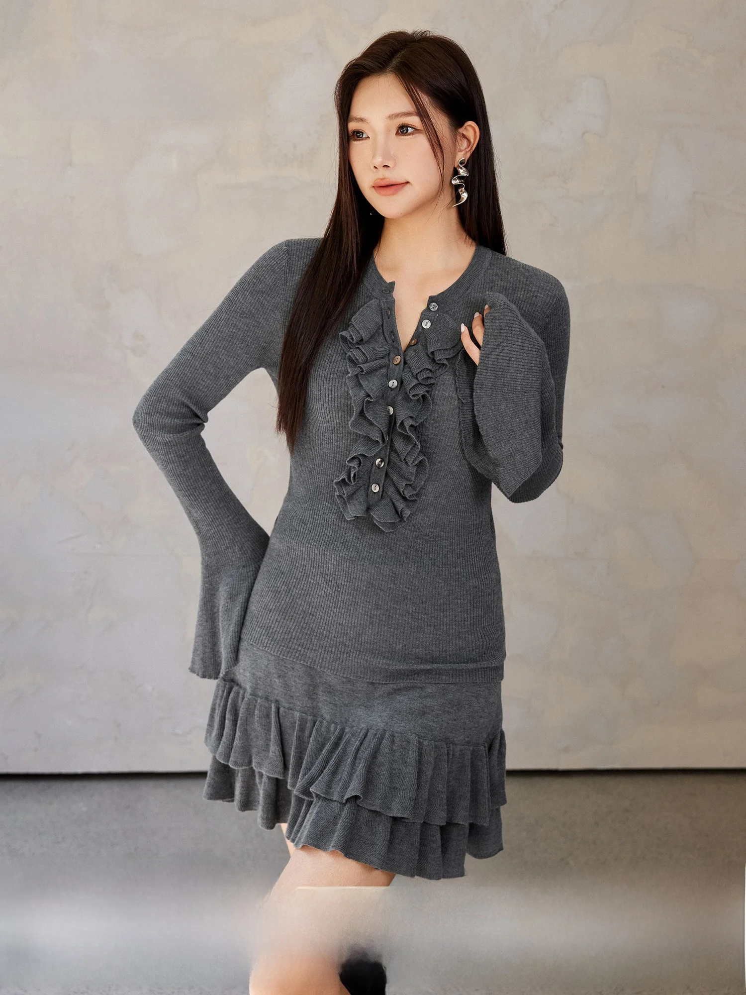 

Plusmall Soft Mist Ballet 2025 Новая шерстяная смесь с ушками Верхняя юбка Комплект юбки из смешанного материала Осень Обычный крой плюс размер