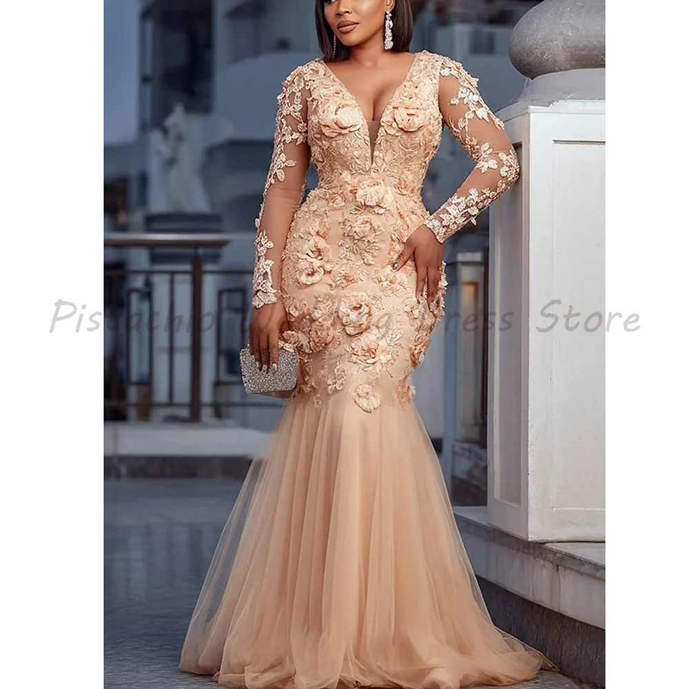 

Champagne V-Neck Mermaid Evening Dress Luxury 3D Floral Lace Long Sleeve Tulle Formal Prom Gown for Women