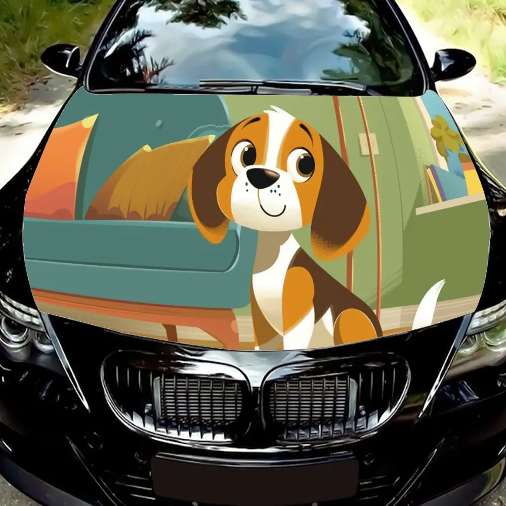 Clever Cartoon Animal Beagle Print Car Hood Wrap Color Vinyl Sticker Truck Graphic Bonnet DIY Auto Accessories Decoration Decal