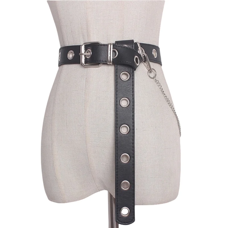 女性用合成皮革ハーネスベルト,シルバーピンバックル,メタルウエストバンド,ブラウン,ブラックチェーン,レジャージーンズ,女性用の凹面の形をしたベルト,新しいコレクション