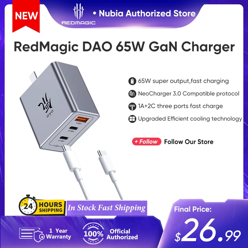 Red Magic DAO 65W GaN Charger Super Fast Charger 2C1A for Nubia Z60 Ultra Iphone 15 Pro Max Xiaomi Huawei Tablet Lenovo Thinkpad