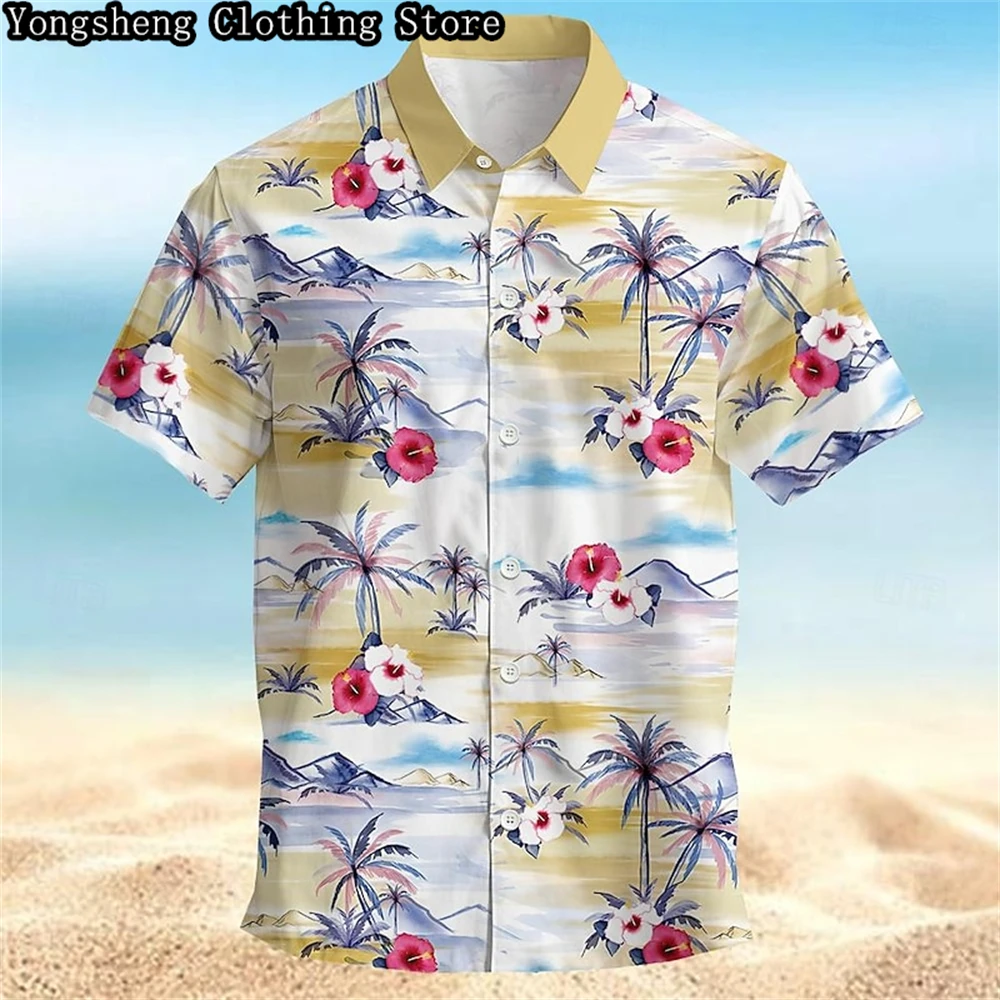 Men\'s short-sleeved striped printed ice silk casual shirt independent site hot-selling Hawaiian vacation short-sleeved clothing