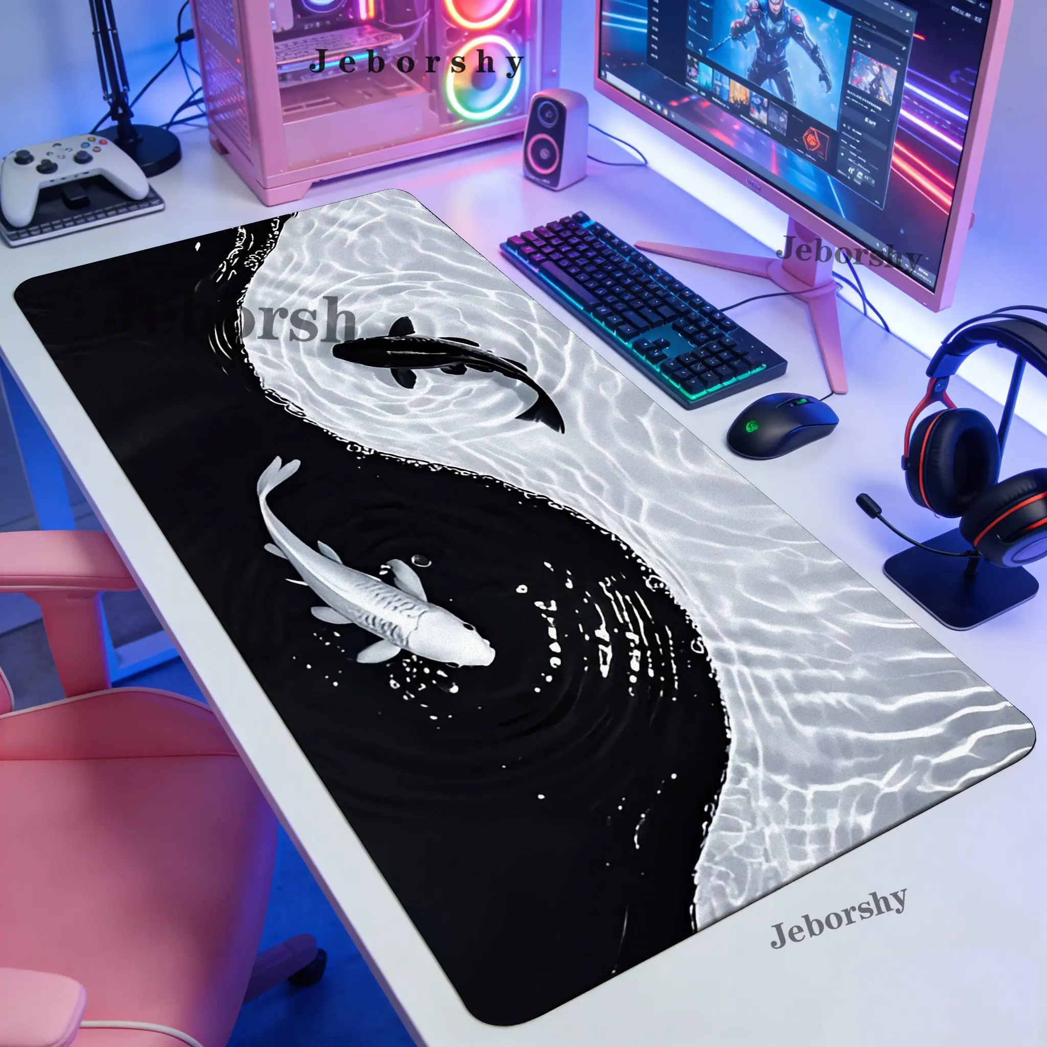 Tai Chi Koi patterned gaming mouse pad non-slip rubber base precision stitched edges waterproof rectangular desk mat office game
