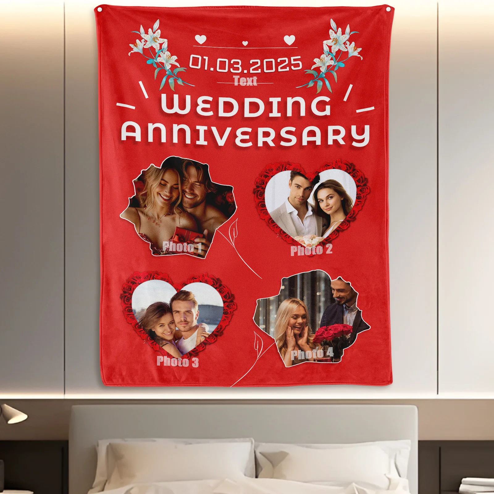 

Custom Wedding Anniversary Flower Heart And Red Design Cozy Blanket For Romantic Warmth And Decor