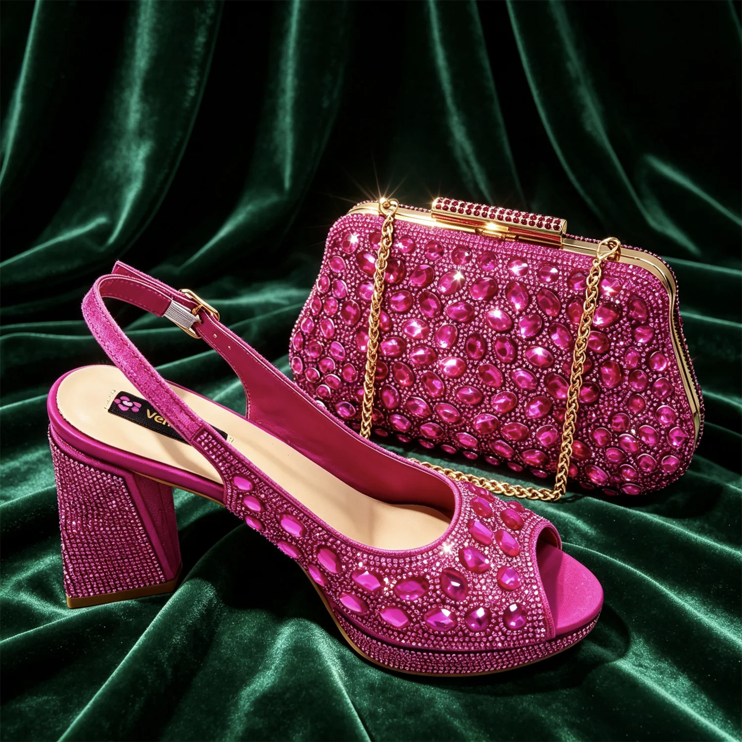 New Arrive Peep Toe Heels Bigger Size for Women 2026 Elegant Party Fuchsiar Diamond Pumps Italian Shoes and Bags Matching Set