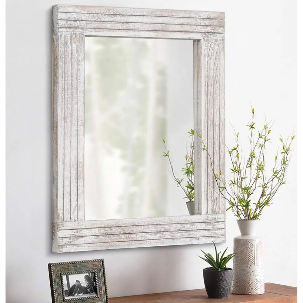 Rustic Wooden Vintage Mirror, White, 16 x 12 for Home Wall Decor in Bedroom or Bathroom