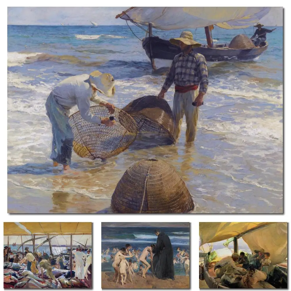 Lienzo de paisaje impresionista hecho a mano, pintura de Joaquin Sorolla, pescadores valenistas, obra de arte de paisaje marino, decoración del hogar para sala de estar