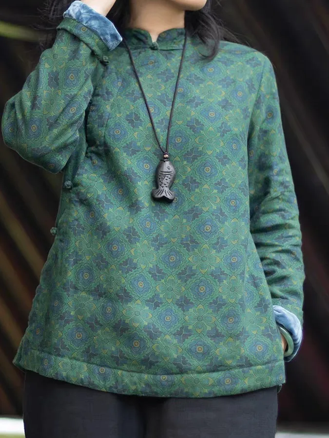 Ciepła, ocieplana bawełną i lnem, drukowana, tradycyjna chińska kurtka zimowa damska z kołnierzem stójką, zapinana na guziki, wygodna, długa...