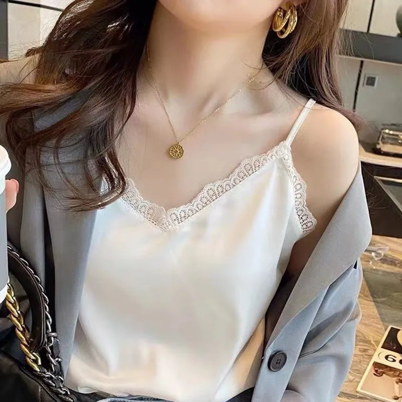 Sexy Lace Trim Ice Silk Vest Top Women's Camisole Tank Top Satin V-Neck Sleeveless Base Layer Inner Wear Casual Outfit