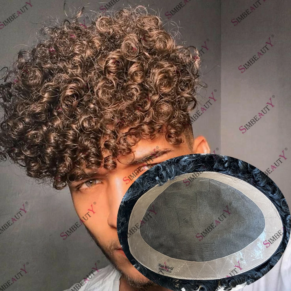 Breathable Mono Lace Curly 100% Human Hair Men's Toupee NPU Round Durable Easy Install Hair Replacement Prosthesis Hairpieces