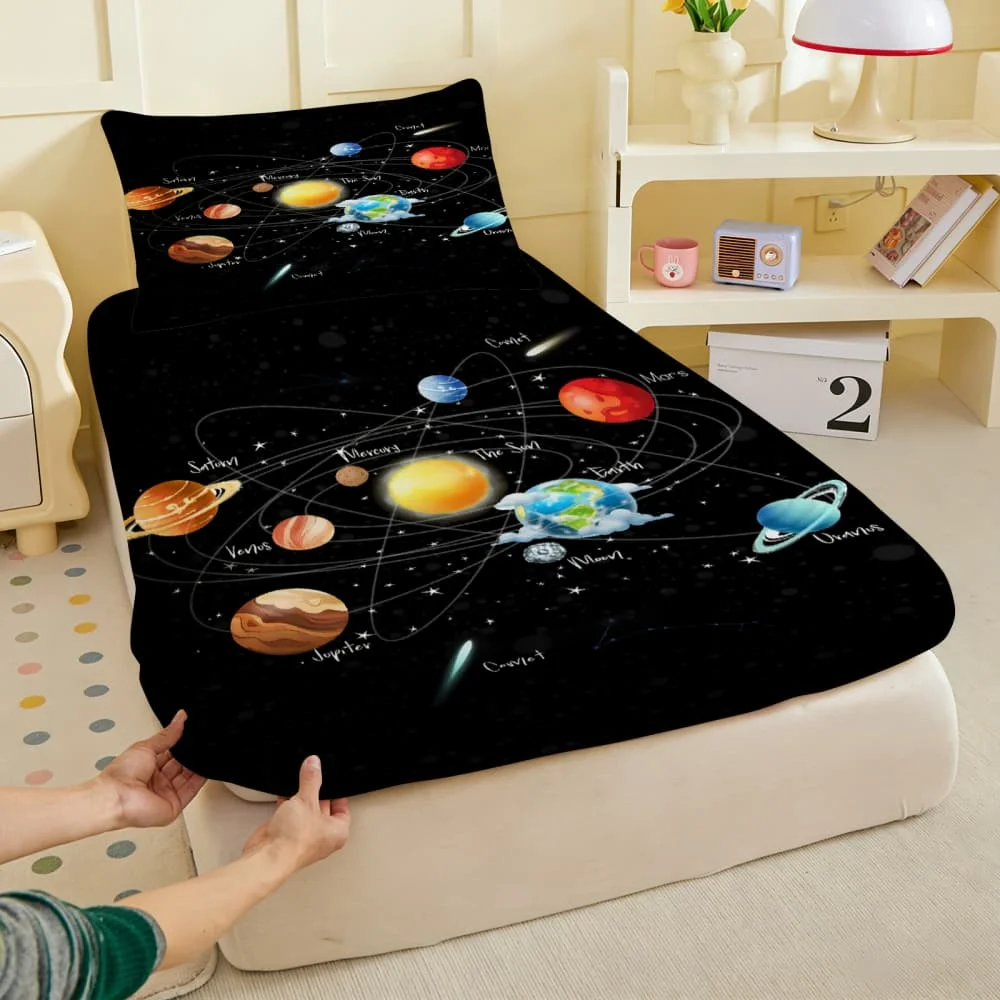 1pc Solar System Planet  Print Fitted Sheet Deep Pocket Elastic Mattress Cover Single Double Queen King Bedroom Decor