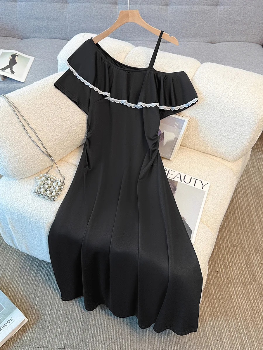 

140Kg Plus Size Women's Bust 142 Summer Loose Ruffled Off Shoulder Waist Dress Black 4XL 5XL 6XL 7XL 8XL