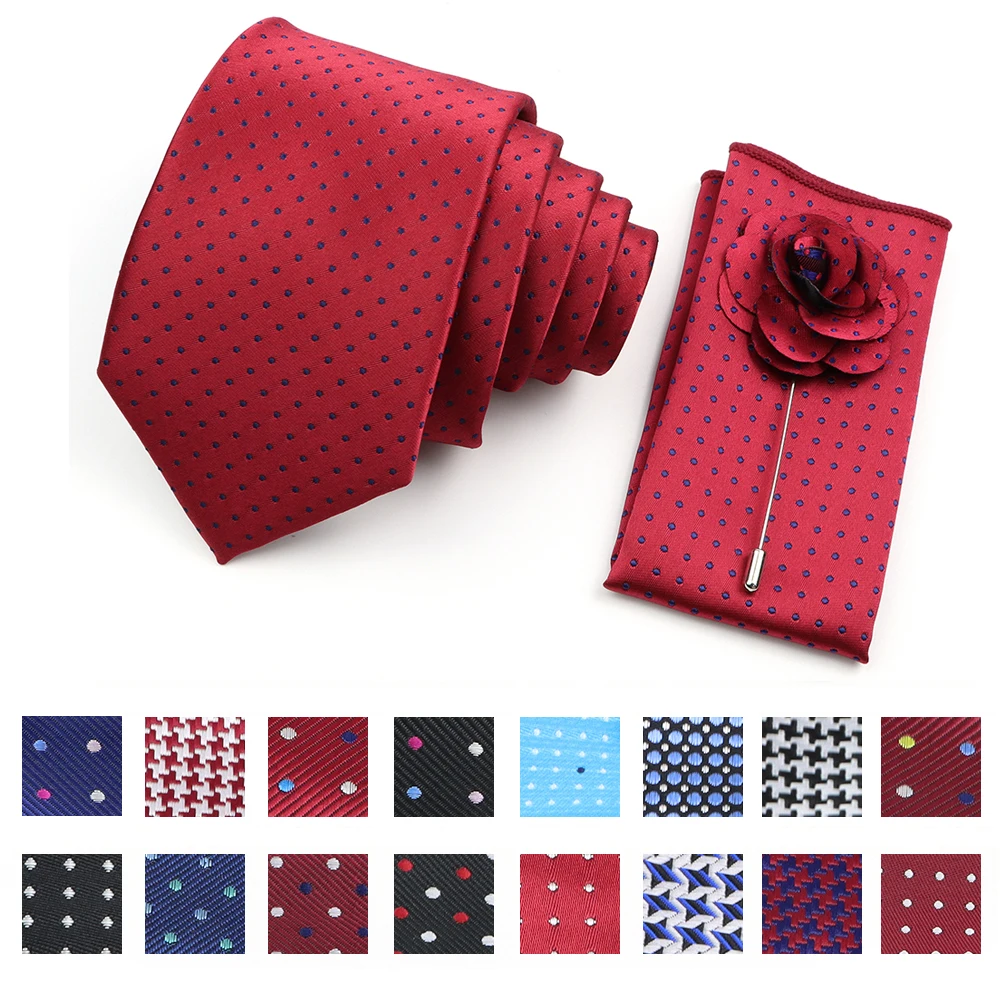 

High Quality Red Blue Ties Set Men Polka Dot Pattern Pocket Square Flower Brooch Cufflink Collar Daily Casual Dress Accessories