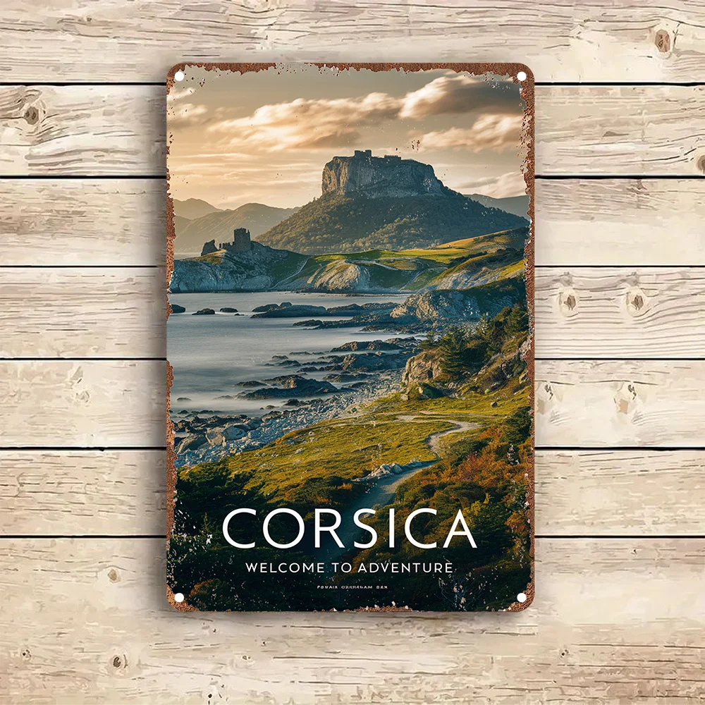 Room Decor  Aluminum  Sign Wall Decor, Corsica Welcome to Adventure Scenic Landscape, Gift for Bedroom, Kitchen, Game Room, Ba