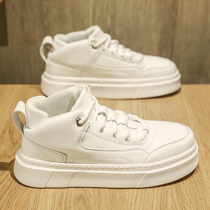 

High-Top Men's Shoes Casual Mid-Top Board Shoes Youth Genuine Leather Sports Thick Bottom Heightening White Trendy Shoes