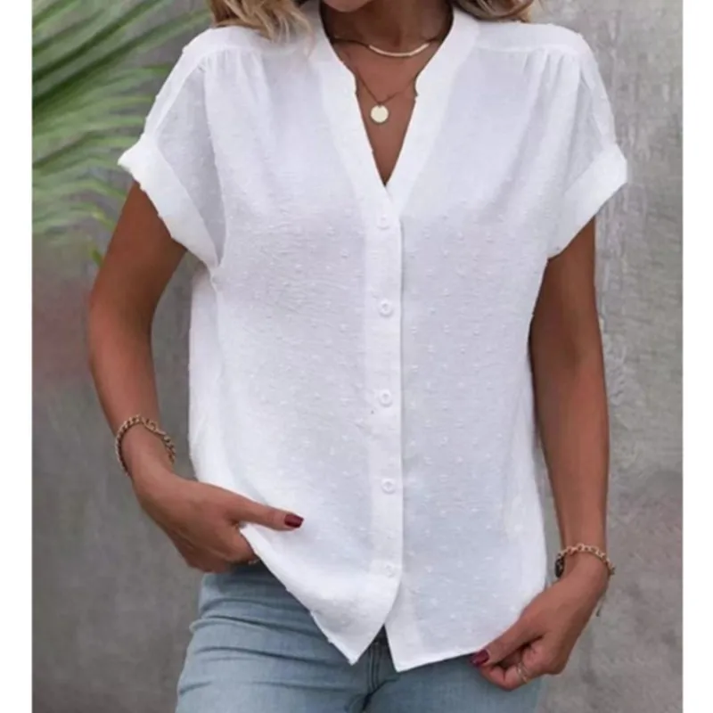 

2025 Summer Women's Jacquard Weave Blouse Shirt Solid color Button-up Short Sleeve V-Neck Shirts Casual Top Simple Office Lady