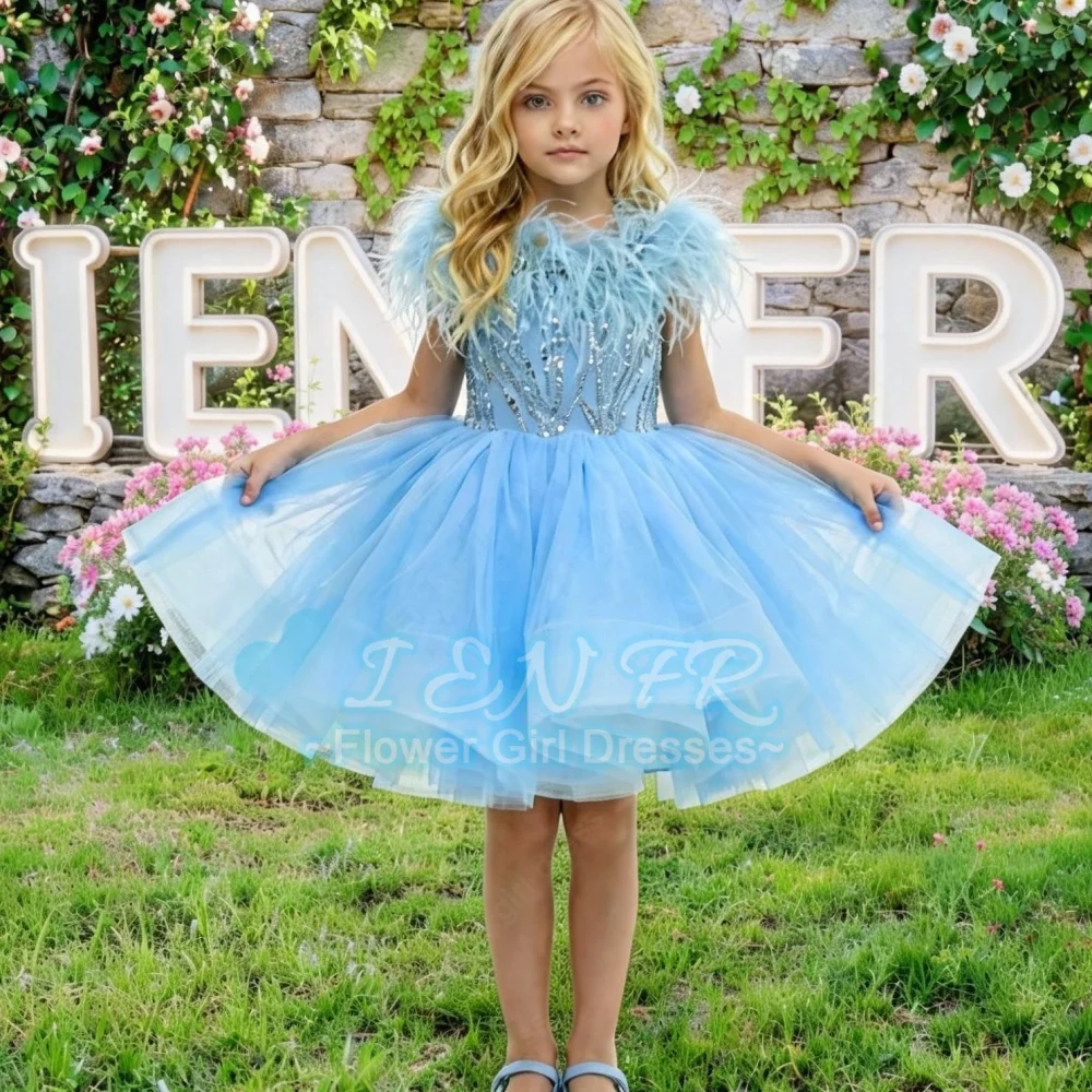 Customized Flower Girl Dress Light Blue Princess Dress with Feather for Wedding Birthday Party Bridesmaid Performance Stage