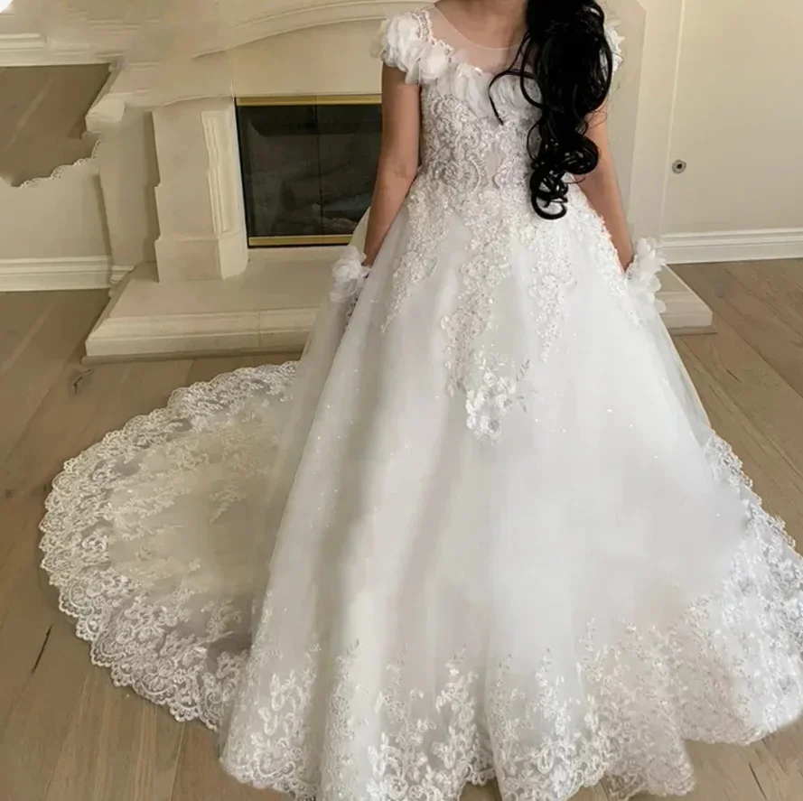 Abiti da ragazza di fiore eleganti personalizzati per matrimonio Splendide applicazioni di paillettes Abito da spettacolo Quinceanera per festa di compleanno principessa