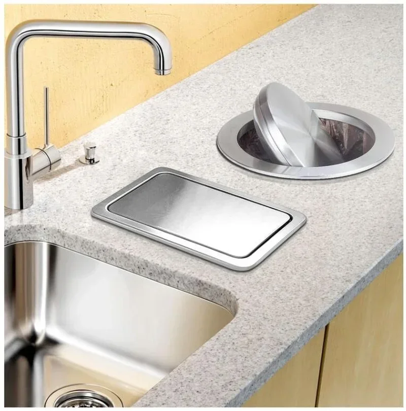 Modern Sink Parts Counter Top Stainless Steel Flush Recessed Swing Flap Lid Cover Trash Can Lid Bathroom Kitchen Accessories