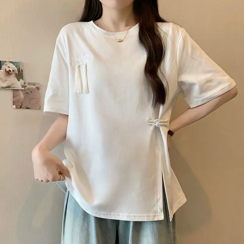 Chinese Style Buttons Short Sleeve T-Shirt Femme Summer Casual All-match Irregular Solid Color O-neck Top Tee Women's Clothing