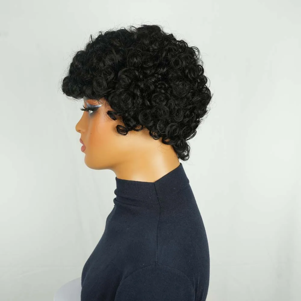 짧은 픽시컷 가발 인모 곱슬 웨이브 가발 흑인 여성용 짧은 워터 웨이브 머신 가발 일상용
