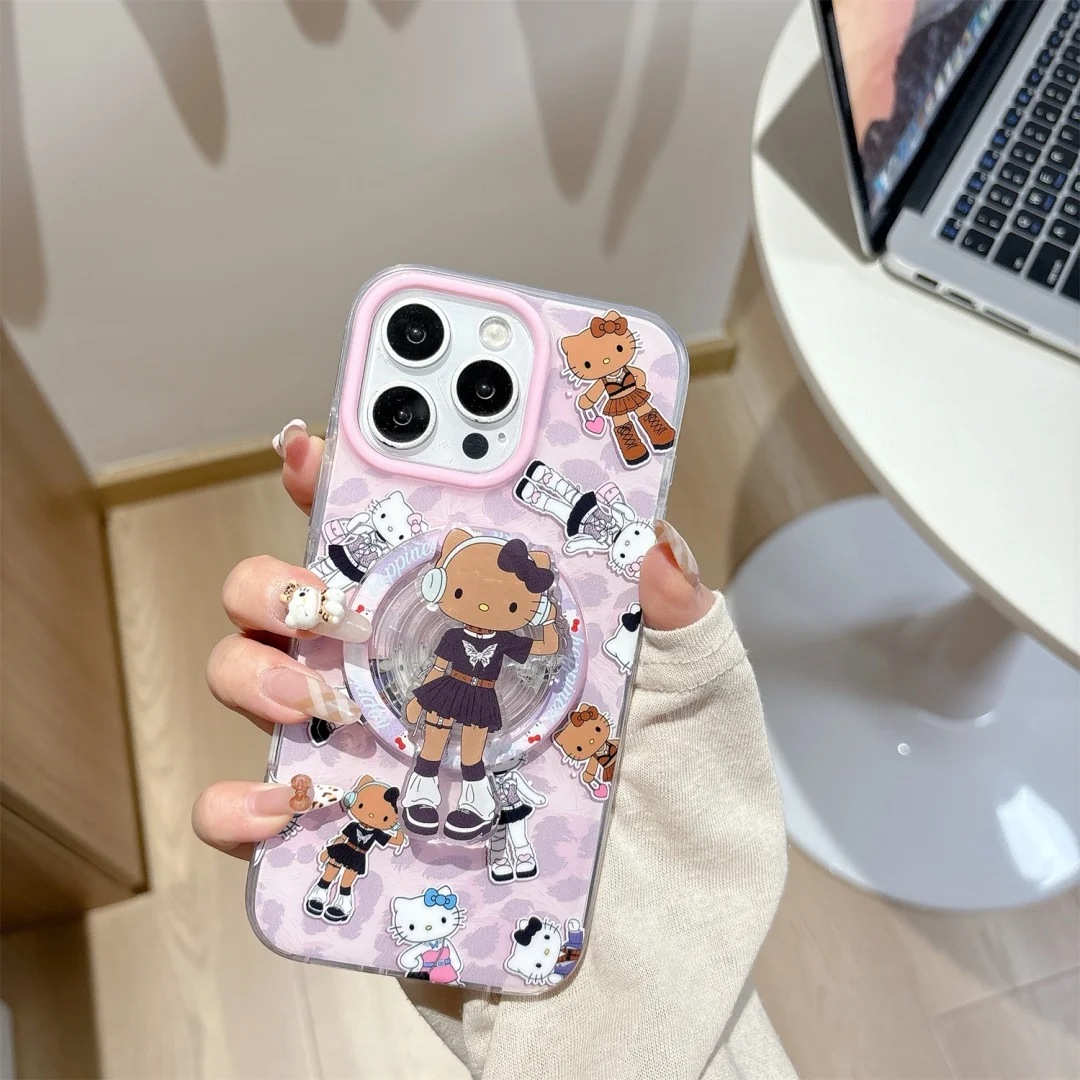 

Super Cool spicy HelloKitty Pink Leopard Print Wireless Charge Phone Case For iPhone 16 15 14 Pro Max Magnetic holder Cover﻿