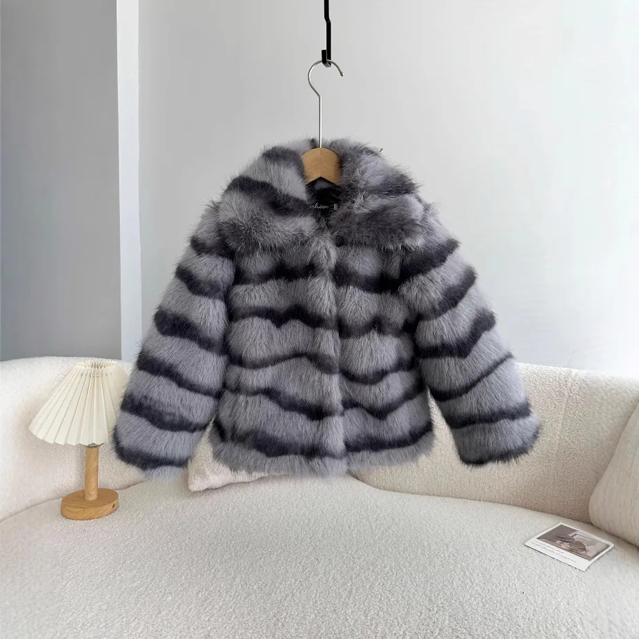 Faux Fox Fur Coats Children Striped Fur Jackets Turn Down Collar Long Sleeve Coverd Button Thick Loose Casual 2026 Autumn Winter
