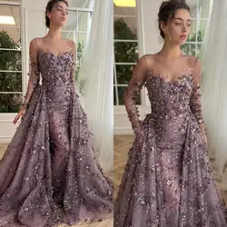 Exquisite Mermaid Prom Dresses 3D Flowers Appliques Evening Gowns Detachable Train Long Sleeve Custom Made Robes de soirée