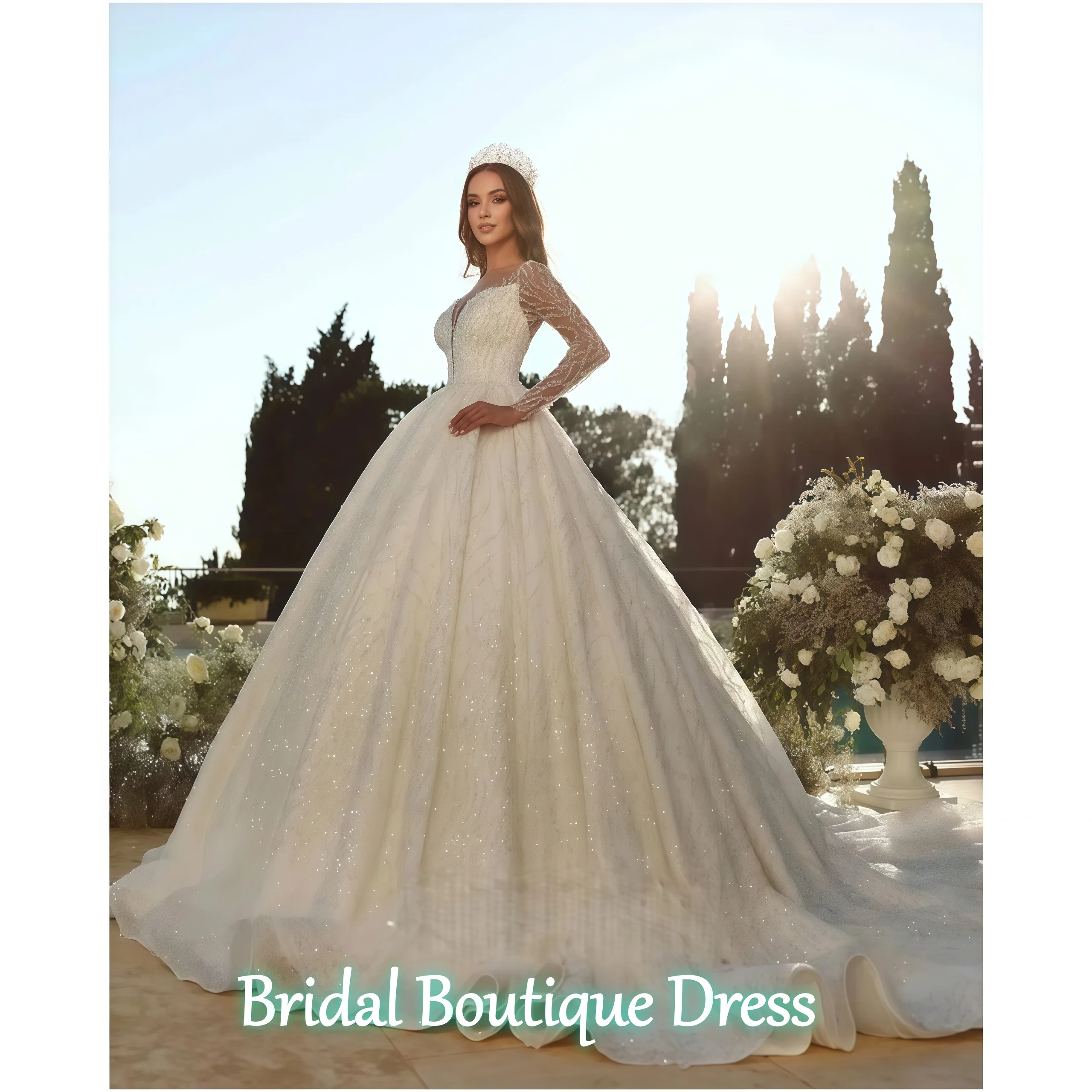 تخصيص رائعة الأميرة الكرة ثوب الزفاف فستان تول س الرقبة الترتر الديكور كم طويل زي العرائس Vestido De Novia