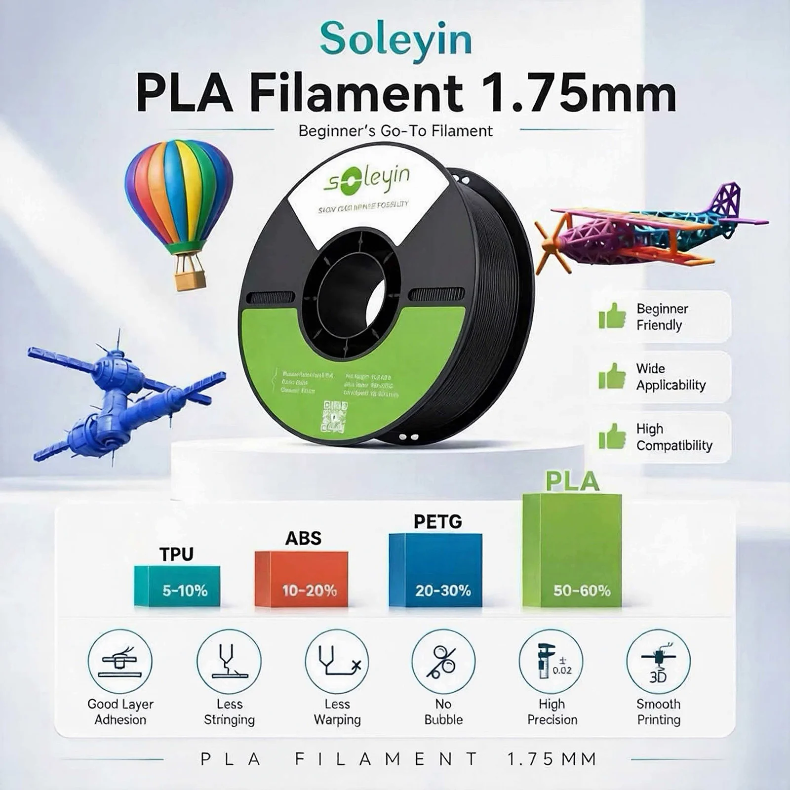 Filamento Creality Soleyin Ultra PLA para Impressora 3D 1.75mm, Velocidade de 300mm/s, Precisão de 0.02mm, Filamento de Resfriamento Rápido Compatível com Todas as Impressoras 3D FDM