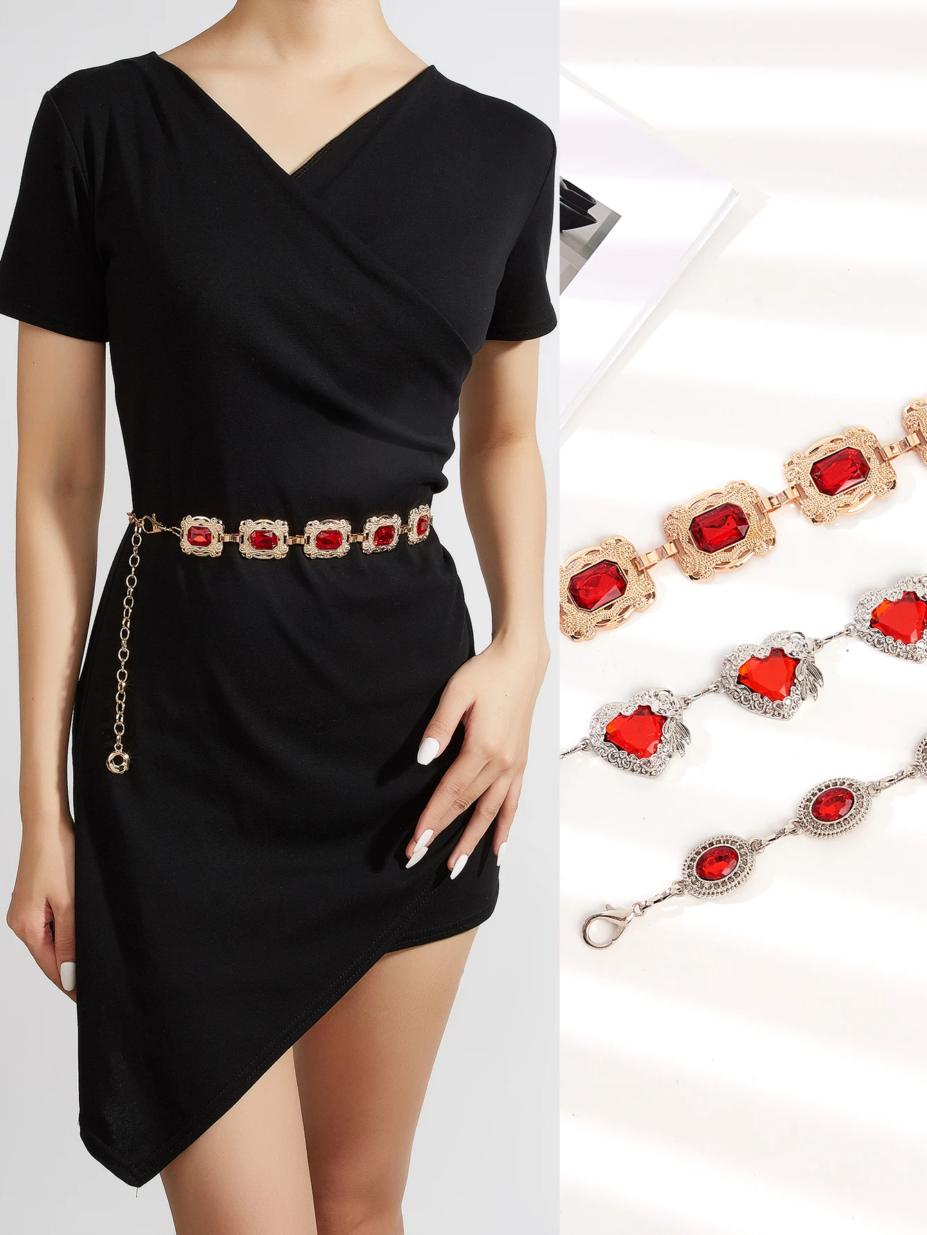 1pc women\'s luxury noble ruby ​​multi-shape metal waist chain dress versatile decorative waist chain