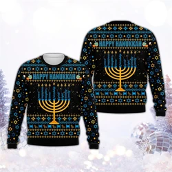 Hanukkah 3D Printed Sweatshirt Men's Clothing Casual Festival Pullover Top Candle Food Pattern Personality Sweatshirts Autumn